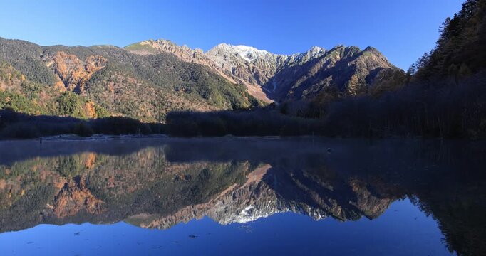 上高地の朝の大正池と穂高連峰