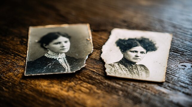 remnant. A torn photograph lying in two pieces on a wooden table, melancholic mood. wellbeing guides, coaching materials, designed for coaching and self-improvement content, used by motion designers.