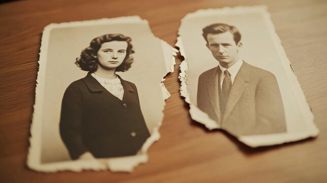 remnant. A torn photograph lying in two pieces on a wooden table, melancholic mood. wellbeing guides, coaching materials, designed for coaching and self-improvement content, used by motion designers.