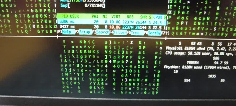 Abstract green digital code matrix on black screen showing system errors and text characters for cybersecurity and computer programming concepts