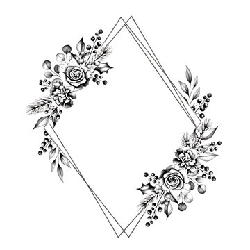 Elegant diamond shaped floral border design with detailed rose illustrations and leaf accents transparent background