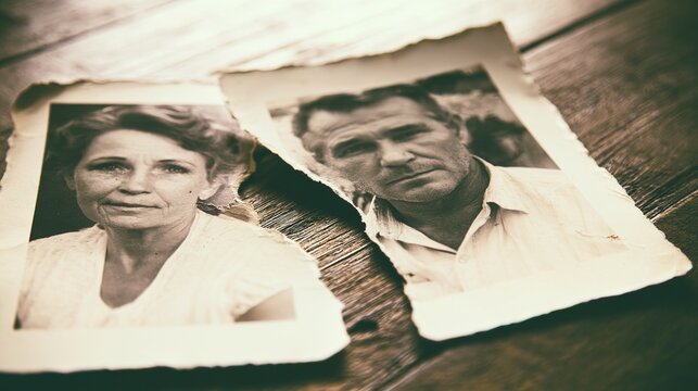 remnant. A torn photograph lying in two pieces on a wooden table, melancholic mood. wellbeing guides, coaching materials, designed for coaching and self-improvement content, used by motion designers.
