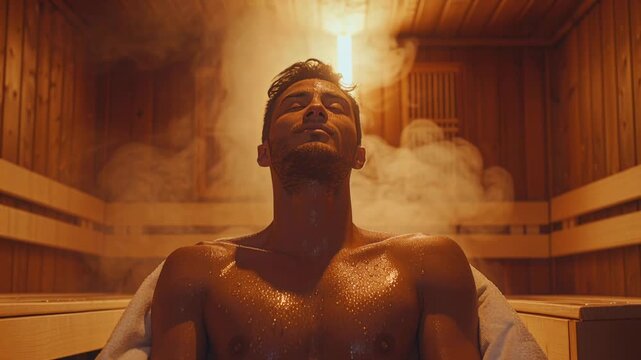 Man relaxes in a steam room with warm lights and wooden walls during a wellness session