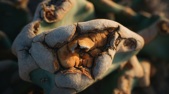 scar. Close-up of cactus scar tissue showing natural healing in desert landscape with golden hour light. ESG reports.
