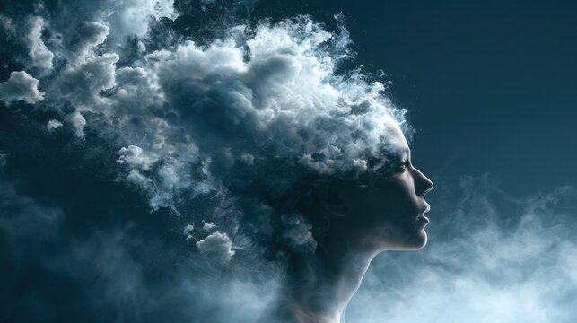 Surreal artistic profile of female face emerging from dark cloudy mist with soft illuminated clouds blending into the head forming abstract smoky hair effect
