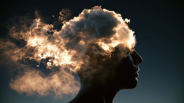 Silhouette of human head with cloud and smoke effect blending, creative concept of imagination, thought, and abstract mental state in dark background