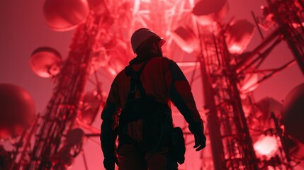 Naklejka premium Worker in protective helmet standing in telecommunications tower site with multiple antenna and satellite dish structures under red lighting with foggy atmosphere at night
