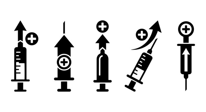 Medical Syringe Icons with Upward Arrows and Plus Signs, Healthcare Growth Vector Set