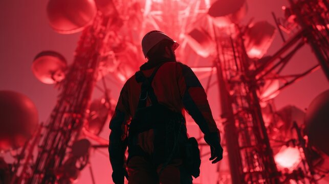 Worker in protective helmet standing in telecommunications tower site with multiple antenna and satellite dish structures under red lighting with foggy atmosphere at night
