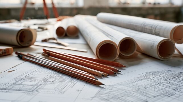Detailed architectural blueprint with rolled paper plans and sharpened pencils on a wooden desk representing design process and construction planning in bright natural light