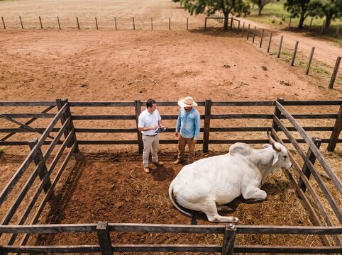 Veterinarian with tablet and farmer inspecting a Nelore bull in a wooden corral on a cattle farm