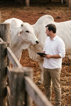 A modern male farmer holding a digital tablet while standing near white Nelore cattle on a rural livestock farm
