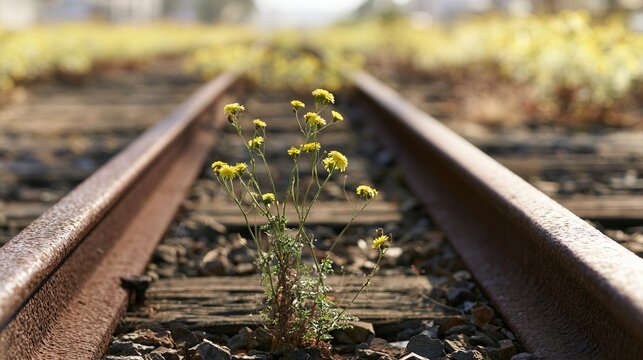 trackbed. Close-up of wild grass and yellow flowers growing through cracks in old railway tracks. ESG reports, sustainability campaigns, designed for environmental awareness campaigns.