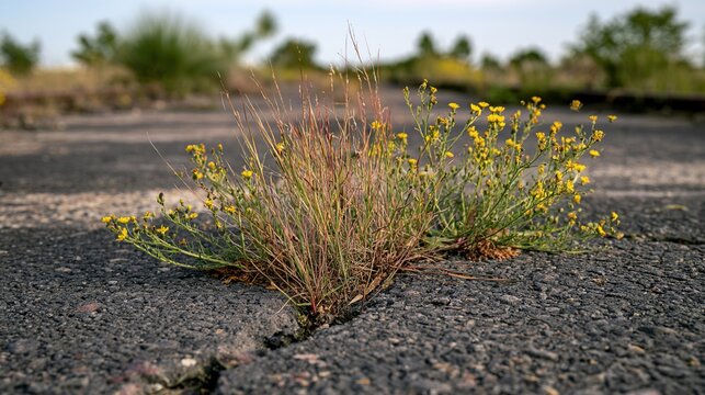 trackbed. Close-up of wild grass and yellow flowers growing through cracks in old railway tracks. ESG reports, sustainability campaigns, designed for environmental awareness campaigns.