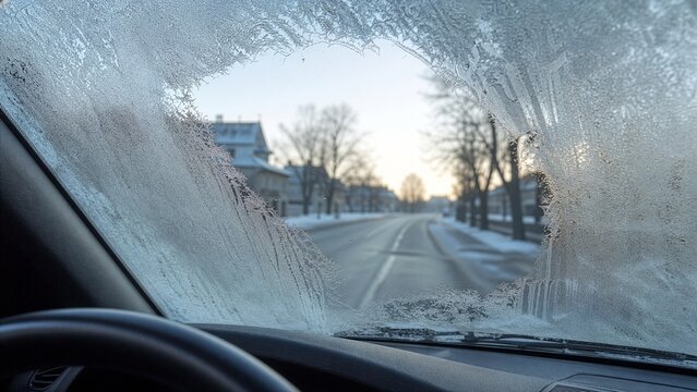 View through a partly defrosted frozen car windshield onto a snowy street at sunrise, concept of cold weather driving, frosted glass and winter car problems.