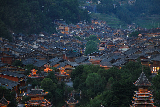 Night View of Beautiful Village of Zhaoxing, Guizhou, China