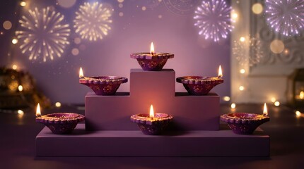 Fototapeta premium Five lit purple diya lamps arranged on a tiered wooden stand, celebrating diwali with fireworks and festive bokeh lighting