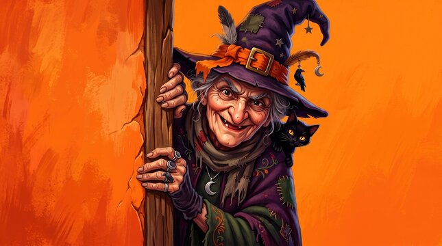 A mischievous halloween witch peeking from behind a weathered wooden post