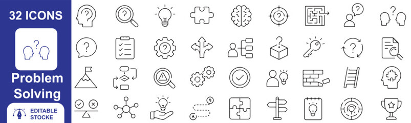 Fototapeta premium 32 Problem Solving Vector Outline Icons Set – Critical Thinking, Solutions, Ideas, Decision Making and Creative Strategy Line Symbols Collection