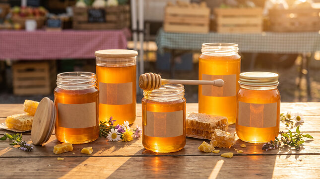 Local honey in jars with honey dipper on outdoor market table  