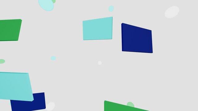 Clean 3D animated abstract geometric rectangles floating dynamically across a bright white background, featuring modern blue and green color palettes for minimalist presentation design.