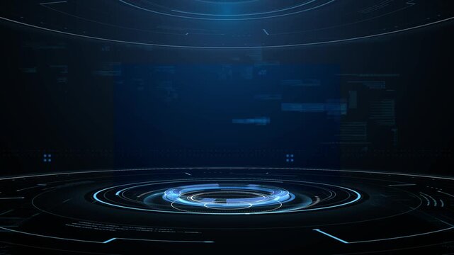 Futuristic Blue Virtual Studio with Digital HUD Platform and Copy Space