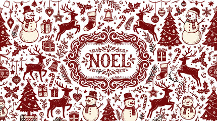Naklejka premium Vintage Christmas Greeting Card Banner with Whimsical Red Noel Typography Frame Featuring Reindeer Snowmen Trees and Holiday Bauble Ornaments Hand Drawn Doodle Elements
