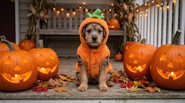 Adorable blue merle puppy dressed as a pumpkin for autumn and halloween festivities