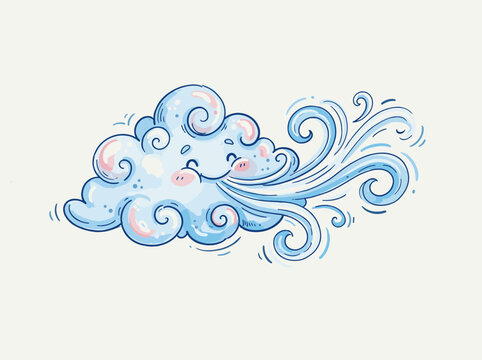 Cute cartoon blue cloud character blowing wind swirls on white background