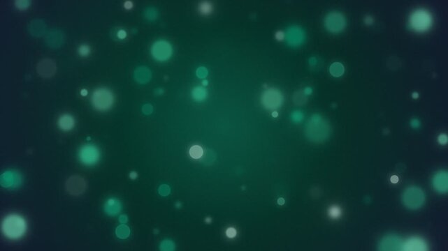 Floating abstract green bokeh light particles moving gently on dark emerald background in smooth loop, soft glowing magical dust orb backdrop for holiday video overlay or motion design.
