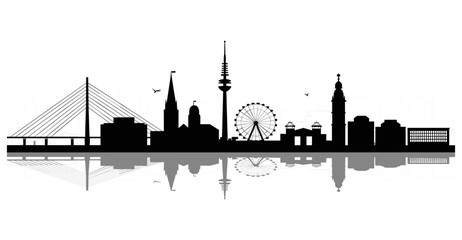 Fototapeta premium Black city skyline silhouette with a bridge, ferris wheel and reflection on a white background area