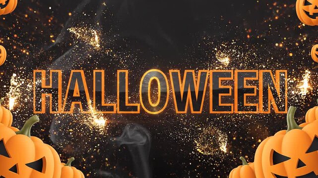 Dark Festive Backdrop Featuring Glowing Jack-O-Lantern Pumpkins and Shimmering Magical Dust Effects for Seasonal October Holiday Celebrations
