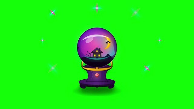 Magical crystal ball with haunted house silhouette on green screen background for chroma keying