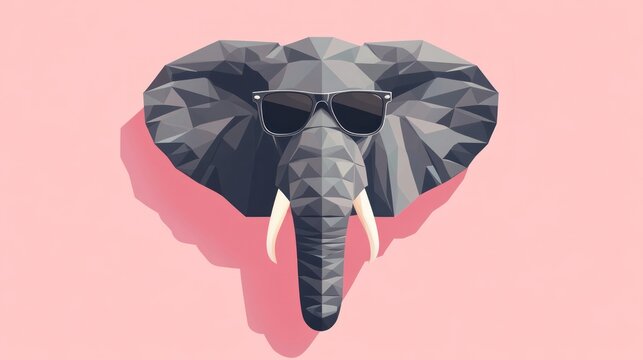 Polygonal elephant head with sunglasses on pink background