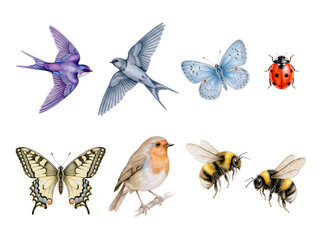 Fototapeta premium Watercolor spring wildlife set with birds butterflies bumblebees and ladybug isolated on white background