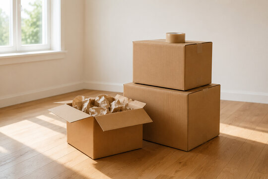 Stacked cardboard moving boxes with packing paper and tape in bright empty room
