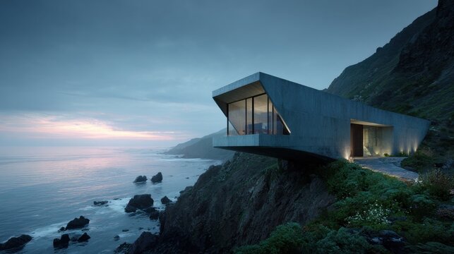 Modern concrete cliff house cantilevered over ocean at dusk, photorealistic CGI
