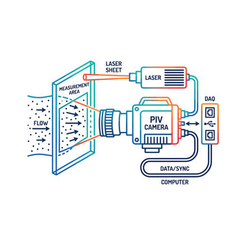 PIV laser measurement system diagram with flow visualization and computer setup