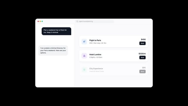 Smart travel planning AI assistant displays curated flight, hotel, and activity options for Paris