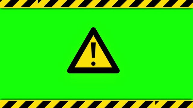 Vibrant green screen with a prominent yellow warning triangle and striped black and yellow caution borders