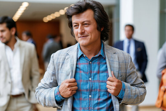 Confident Latin American man in plaid blazer, mature professional in hallway, casual business style, natural smile, relaxed pose, modern office background, candid portrait