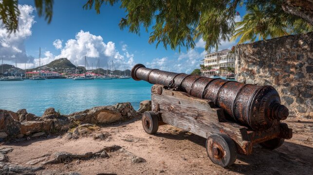 Historic rusty cannon overlooking turquoise Caribbean harbor with sailboats