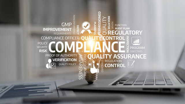 This image illustrates the concept of compliance in business, featuring keywords related to quality control and regulatory processes, symbolizing innovation and improvement. Tessel