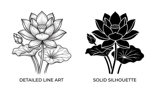Lotus flower illustrations set with detailed line art and solid black silhouette icons