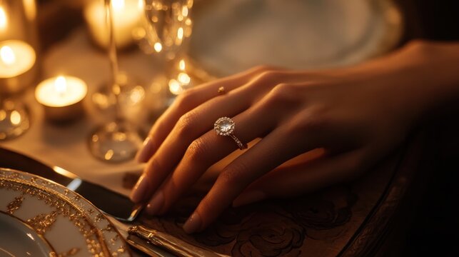 Hand with engagement ring at a romantic dinner