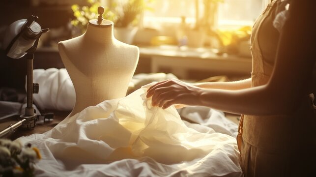 Woman designer working on clothes in workshop