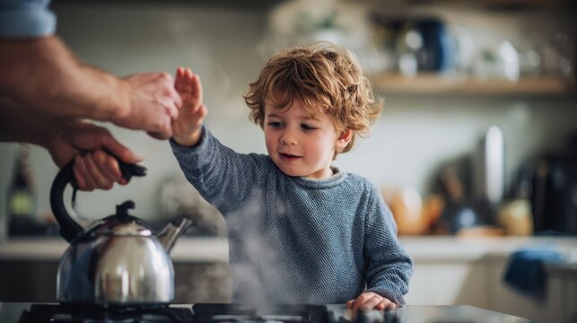 Adult warning curious toddler away from hot kettle on kitchen stove