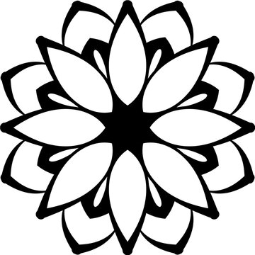 Black and white floral mandala vector illustration. Simple geometric flower pattern isolated on white for coloring book, tattoo, or decorative design.