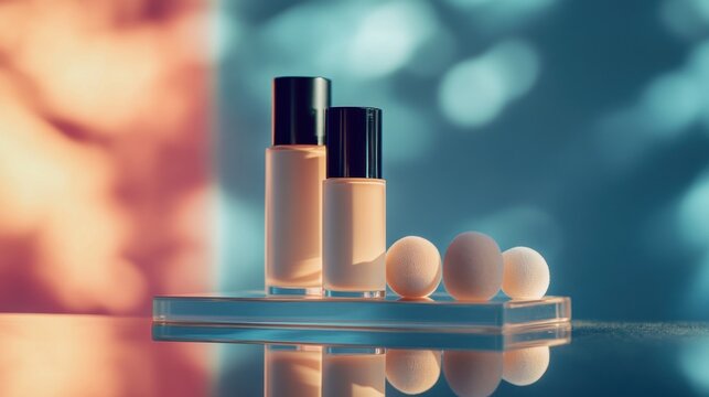 Foundation bottles and spheres on a glass surface