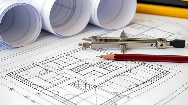 Architectural Blueprint Plans with Drafting Compass and Pencil for Building Construction Design and Engineering Project Planning